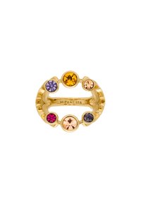 Gold-tone ring featuring a circular design adorned with six colorful gemstones: purple, pink, orange, and yellow, with a smooth finish.