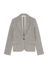 Grauer Fischgrät-Blazer mit zwei Fronttaschen, Spitzlüftung, Ein-Knopf-Verschluss und weichem, strukturiertem Stoff. Ungefüttertes Innendesign.