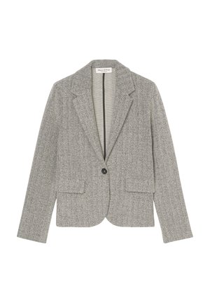Gray herringbone blazer with two front pockets, notched lapels, single button closure, and soft textured fabric. Unlined interior design.