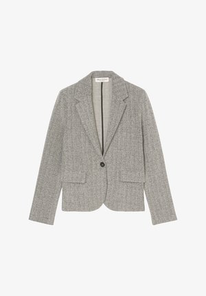 Gray herringbone blazer with two front pockets, notched lapels, single button closure, and soft textured fabric. Unlined interior design.