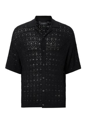 Black short-sleeve shirt with a lace-like open weave pattern, button closure, and a collared neckline. Soft texture and relaxed fit.