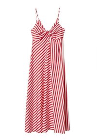 Robe rayée rouge et blanche avec des fines bretelles ajustables et un détail noué au niveau de la poitrine, en tissu fluide avec une coupe décontractée.