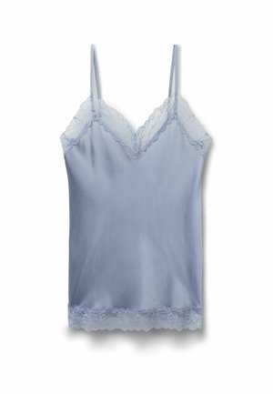 Lichtblauwe satijnen camisol met kanten afwerking bij de halslijn en zoom, voorzien van dunne verstelbare schouderbandjes.