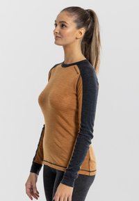 Long-sleeve shirt in rust and black. Soft material with contrasting color sleeves. Features a round neckline and subtle stitch detailing.