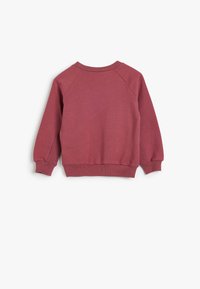 Sudadera de manga larga de cuello redondo en color rosa empolvado, con puños y dobladillo acanalados, presentada de manera plana desde la parte posterior sobre un fondo blanco.