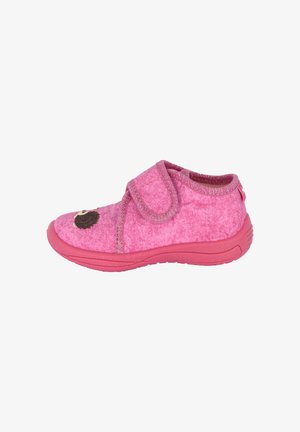 Roze kinderslof met klittenbandsluiting, zachte stoffen bovenkant, rubberen zool en geborduurd egelmotief op het teengebied.