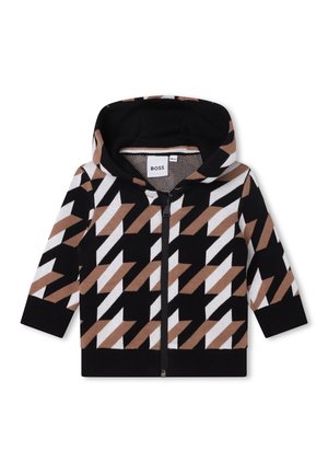 Babyjacke mit Kapuze, schwarzem, weißem und braunem geometrischem Muster, Frontreißverschluss und langen Ärmeln.