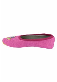 Rosa Stoffschlupfschuh mit runder Zehenpartie, verziert mit einem Einhorn-Design. Weicher Textil und elastischer Besatz am Eingang für einen perfekten Sitz.