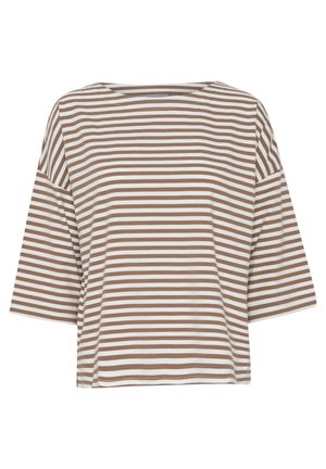 Svītrainā krekliņš brūnā un baltā krāsā, izgatavots no mīkstas auduma, ar plašu dekoltē un brīvi pieguļošām īsām piedurknēm.