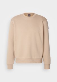 Beige sweatshirt van zachte stof met een ronde hals, geribde manchetten en zoom, met een logo patch op de linker mouw.