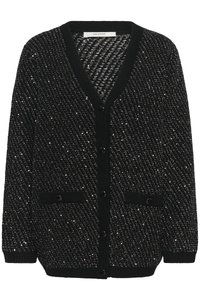 Čierny pletený cardigan s diagonálnymi striebornými flitrami, s výstrihom do V, na gombíky, s rebrovanými manžetami, lemom a dvoma prednými vreckami na gombíky.
