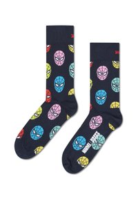 Chaussettes navy avec des motifs répétés de visages colorés de Spider-Man en rouge, bleu, rose, jaune et vert. Matière en tricot douce.