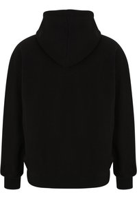 Sudadera negra de gran tamaño con mangas largas y capucha, mostrada desde la parte posterior con un diseño liso y puños y dobladillo acanalados.