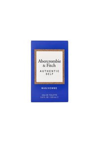 Blue rectangular box with a white label framed in gold. Text includes "Abercrombie & Fitch" and "Authentic Self," indicating men's eau de toilette.