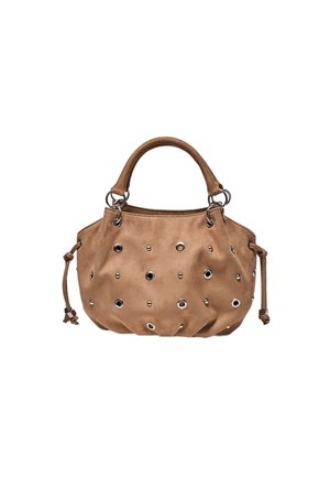 Pehmeä ruskea mokkainen käsilaukku pyöreillä kahvoilla, metallisilmukkakoristeilla laukun päällä ja nyöritetyillä sivuilla.