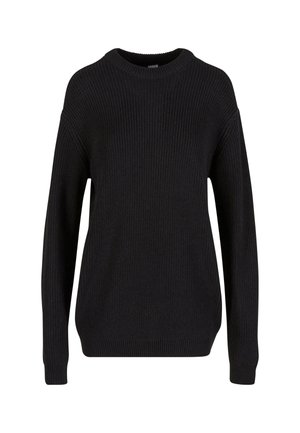 Black ribbed knit sweater with a rounded neckline, drop shoulders, and long sleeves. Smooth texture and loose fit for comfort.