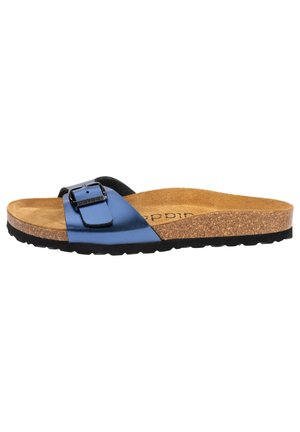 Blue synthetic slide sandal with a black strap and silver buckle. Features a cork footbed and textured black rubber outsole.