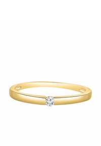 Złoty pierścionek z cienką obrączką, z pojedynczym okrągłym diamentem na środku, gładką teksturą i polerowanym wykończeniem dla eleganckiego wyglądu.