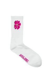Witte katoenen sokken met een roze bloemenontwerp en een groene kern, met het "JACK & JONES" logo in het roze bij het enkelgedeelte.