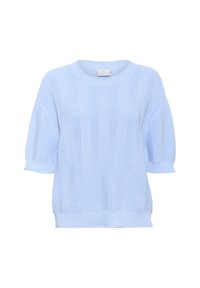 Vaaleansininen neulottu lyhythihainen villapaita, jossa on ribbitekstuuri ja pyöreä kaula-aukko. Ominaisuuksiin kuuluu pudotetut olkapäät ja rento malli.