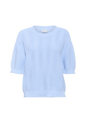 Lys blå strikket kortærmet sweater med ribbet tekstur og rund halsudskæring. Har dropped shoulders og en afslappet pasform.