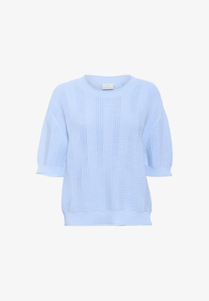 Light blue knitted short-sleeve sweater with a ribbed texture and a round neckline. Features dropped shoulders and a relaxed fit.