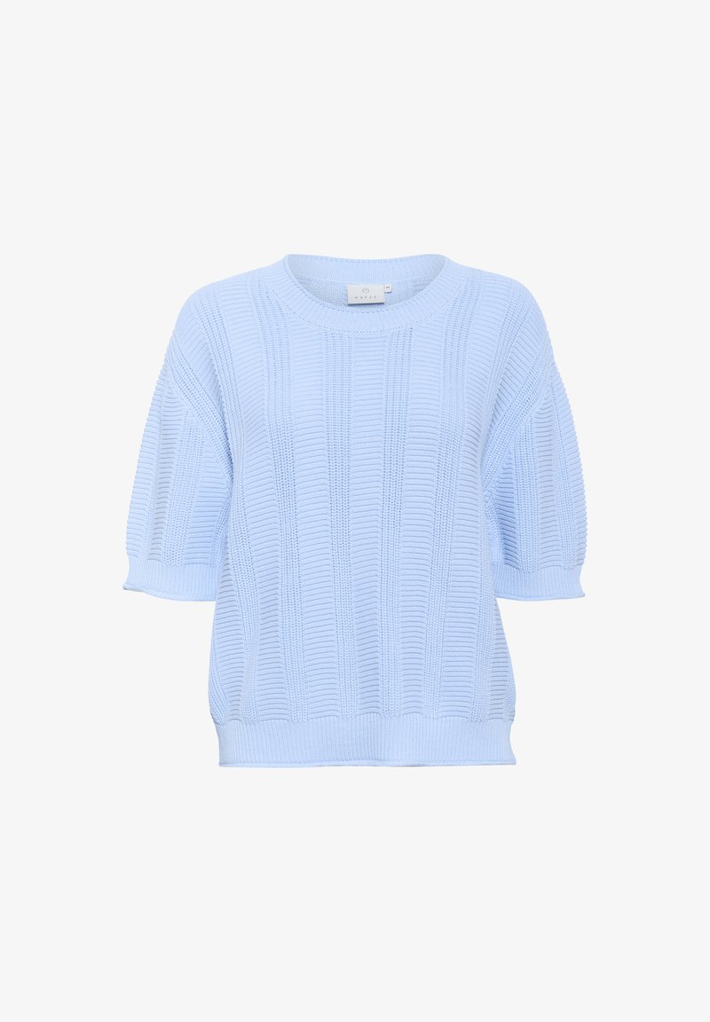 Pull en tricot bleu clair à manches courtes avec une texture côtelée et un col rond. Présente des épaules tombantes et une coupe décontractée.
