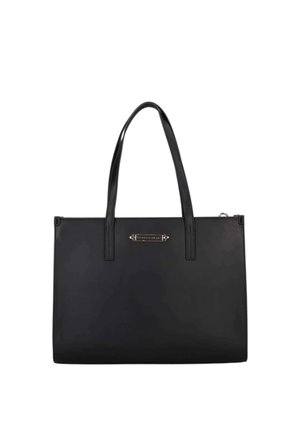 Borsa rettangolare nera con due spalline e una piccola targhetta argento con il nome del marchio al centro davanti.