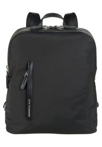 Zaino in nylon nero con doppie cerniere, tasca frontale piatta e spallacci regolabili. Tessuto liscio e design minimale senza modelli visibili.