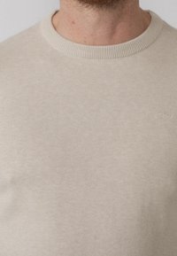 Pullover beige a girocollo realizzato in morbido materiale con una finitura liscia, caratterizzato da polsini a coste e un sottile logo del marchio sul petto.