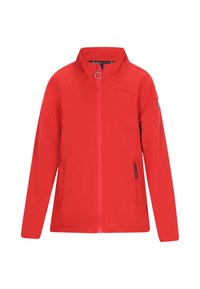 Rød softshell-jakke med høj krave, fuld lynlås, to sidelommer, logoaccent på ærmet og en glat, holdbar stofstruktur.