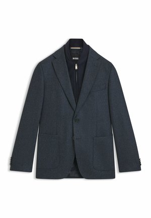 Marineblau strukturierter Blazer mit zwei Fronttaschen, einer knöpfbaren Einreißöffnung und Reverskragen. Das Innere verfügt über ein gefüttertes, mit Reißverschluss versehenes Futter und ein BOSS-Label.