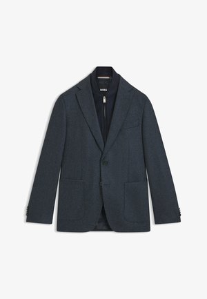 Marineblau strukturierter Blazer mit zwei Fronttaschen, einer knöpfbaren Einreißöffnung und Reverskragen. Das Innere verfügt über ein gefüttertes, mit Reißverschluss versehenes Futter und ein BOSS-Label.