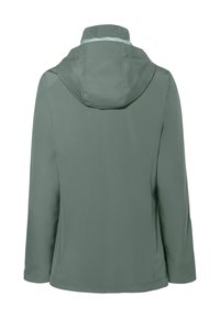 Olijfgroene waterafstotende jas met een capuchon, gekenmerkt door een gladde textuur, een relaxte pasvorm en zonder zichtbare hardware of patronen.