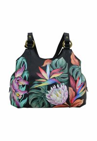 Zwarte leren handtas met kleurrijke bloem- en bladerenpatronen, voorzien van gouden hardware en dubbele draagriemen. Geëxtraheerd oppervlak.