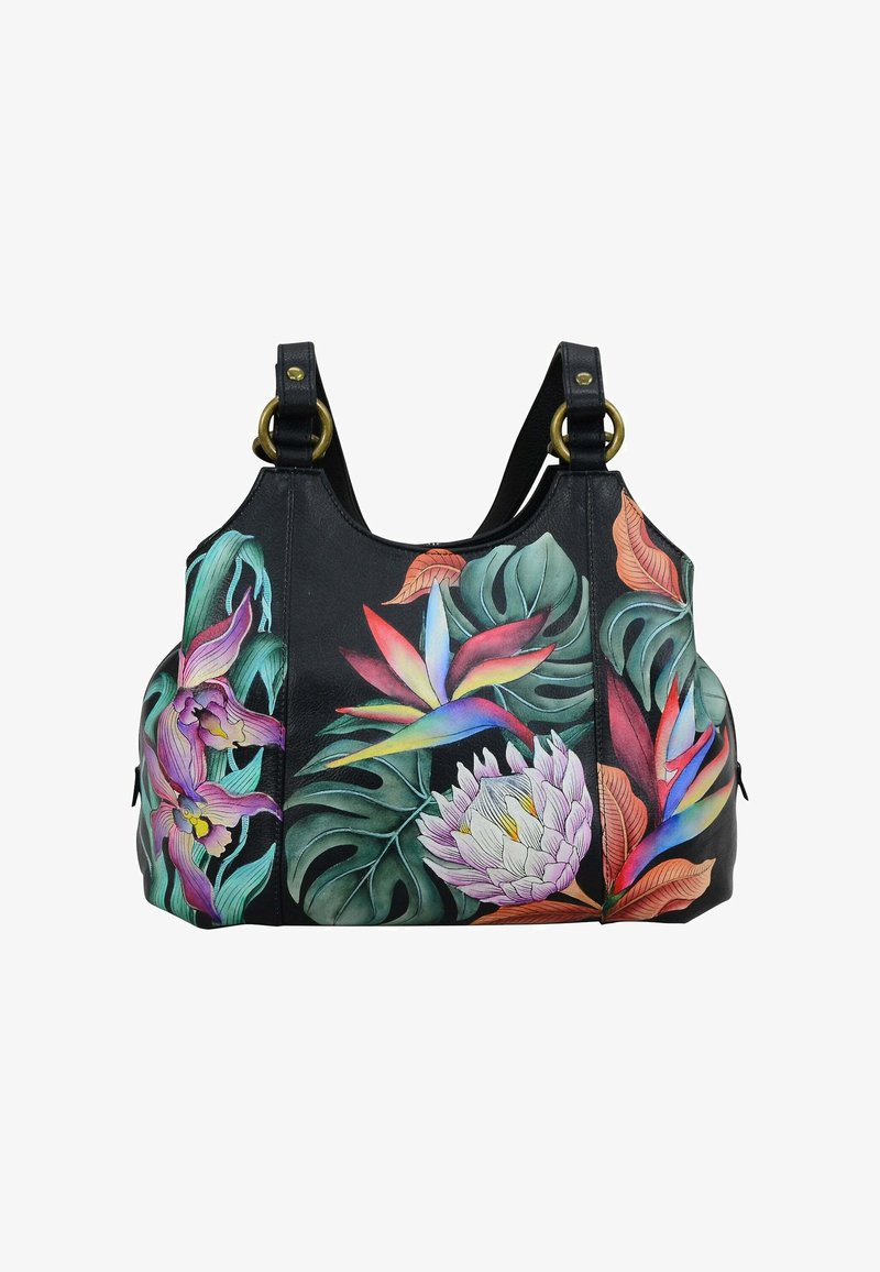 Zwarte leren handtas met kleurrijke bloem- en bladerenpatronen, voorzien van gouden hardware en dubbele draagriemen. Geëxtraheerd oppervlak.