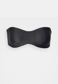 Black strapless bra with a smooth, matte texture. Features a curved design and seamless edges for a clean look.