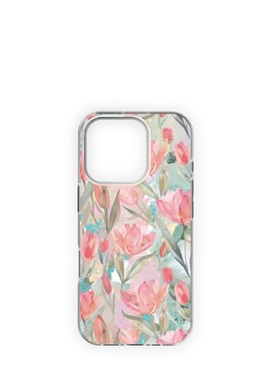 Clear phone case with pink and coral tulip flowers and green leaves painted in a watercolor style with pastel blue and beige background.