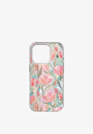 Clear phone case with pink and coral tulip flowers and green leaves painted in a watercolor style with pastel blue and beige background.