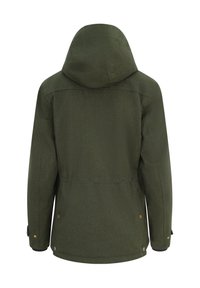 Groene, gestructureerde jas met capuchon, verstelbare manchetten en zijklikken. Eenvoudig ontwerp zonder patronen, met een hoge kraag en aansluitende taille.