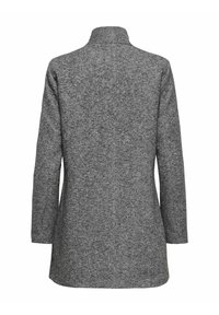 Manteau en laine grise avec un col haut et des manches longues. Dispose d'un tissu texturé et d'une coupe droite, idéal pour le superposition.