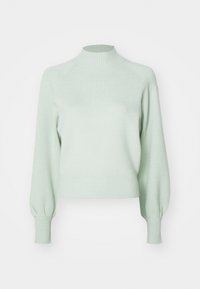 Pull en maille vert clair avec col montant côtelé, manches longues ballon et poignets et ourlet côtelés.