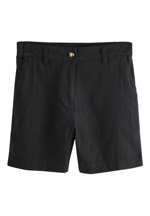 Sorte afslappede shorts med knaplukning, bæltestropper og sidelommer, lavet af letvægtsstof.