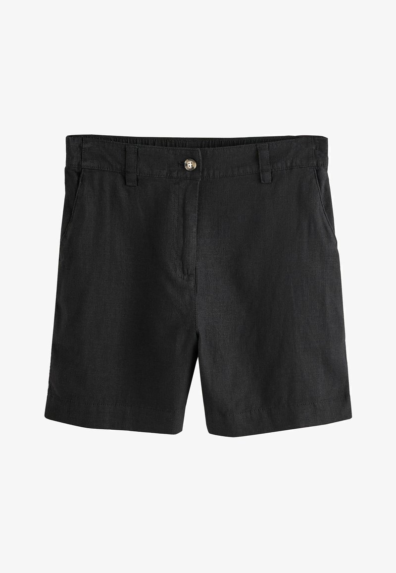 Shorts décontractés noirs avec fermeture à bouton, passants pour ceinture et poches latérales, fabriqués en tissu léger.