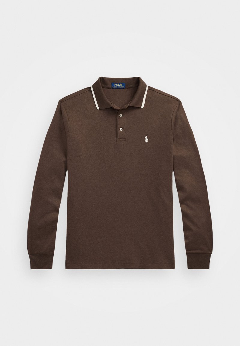 Hnedé polo tričko s dlhým rukávom vyrobené z bavlny, s bielou lemovanou golierom, troj-buttons placket a malým vyšitým logom na hrudi.