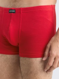 Primer plano del torso y las piernas superiores de un hombre que lleva puestos unos bóxers ajustados rojos con una pequeña etiqueta negra de Tom Tailor en la cinturilla.