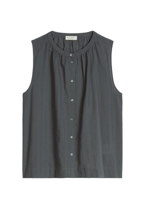 Ciemnoszara bluzka bez rękawów z okrągłym dekoltem, pionowymi delikatnymi paskami i zapięciem na guziki z przodu.