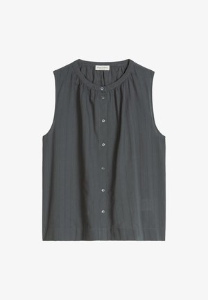 Ciemnoszara bluzka bez rękawów z okrągłym dekoltem, pionowymi delikatnymi paskami i zapięciem na guziki z przodu.