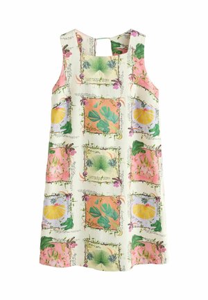Kleit bez piedurknēm ar kvadrātveida kakla līniju, uz kuras ir botānisks raksts ar zaļām lapām, citrona šķēlītēm un rozā ziediem uz krēmkrāsas fona.