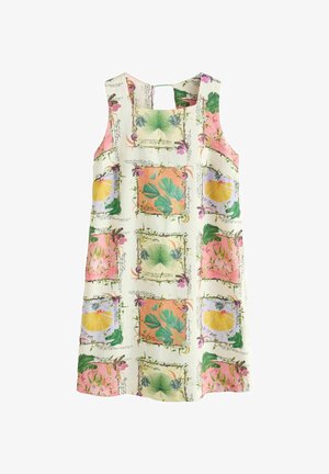 Ärmelloses Kleid mit quadratischem Ausschnitt, mit einem botanischen Muster aus grünen Blättern, Zitronenscheiben und rosa Blumen auf cremefarbenem Hintergrund.